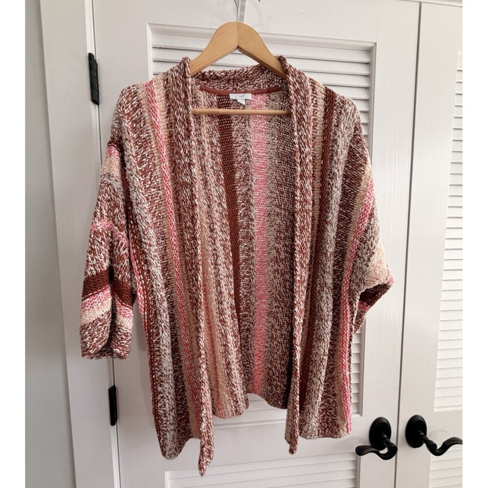 J. Jill Chunky Cotton Blend Striped Cardigan M Pink Brown Open Front Boho Fall
